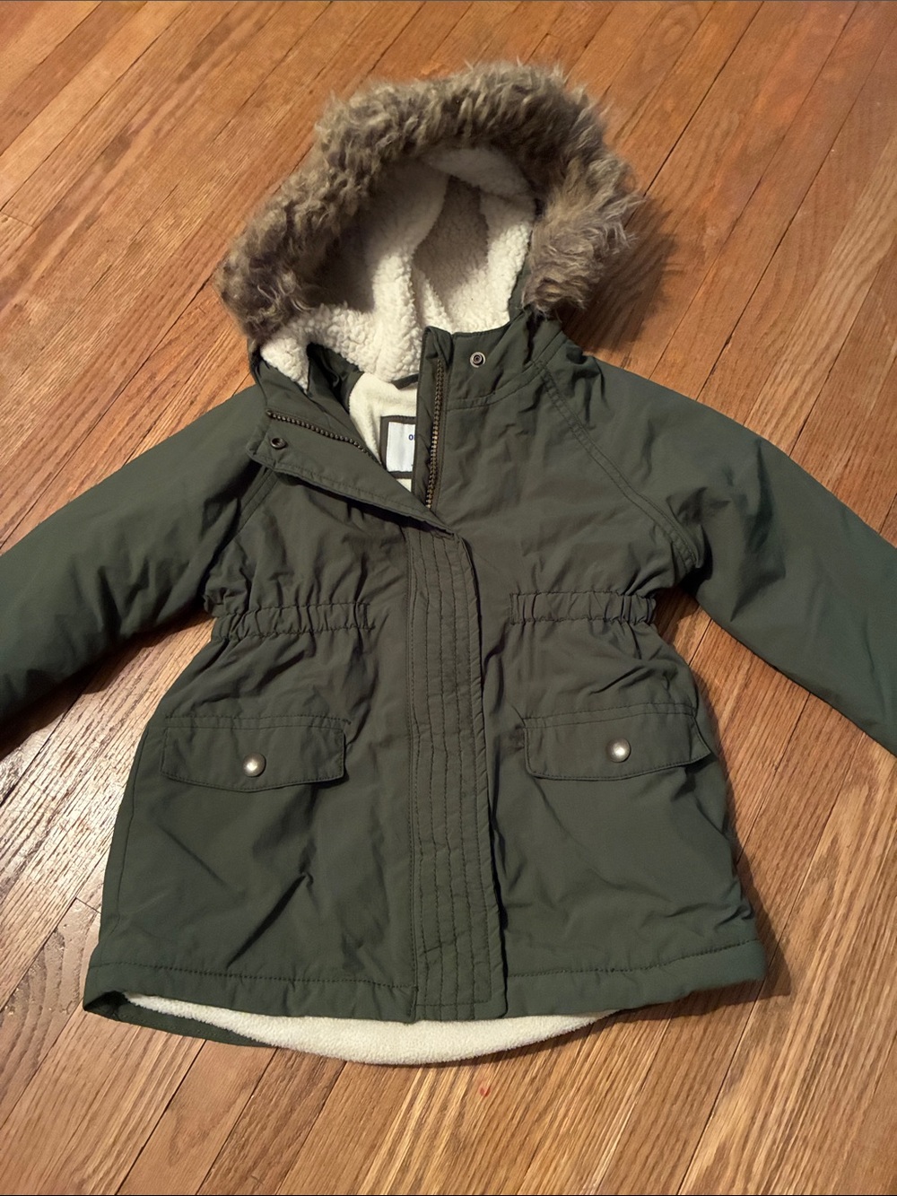 Old Navy Girls' Hooded Jacket in Olive Green with Faux-Fur Trim